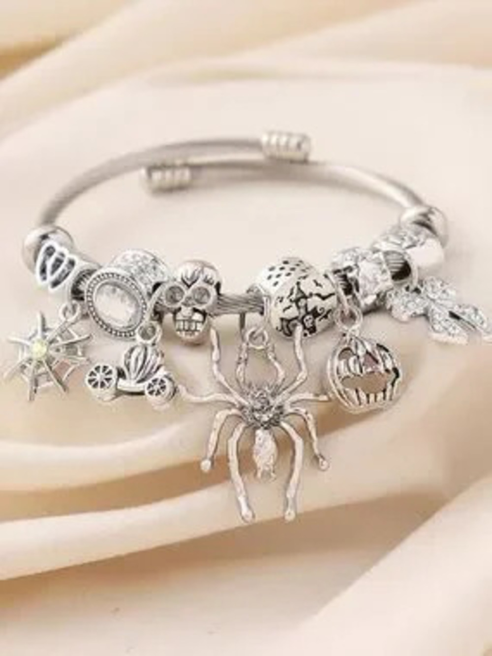 Silver Halloween Charm Bracelet with Spider and Pumpkin Charms